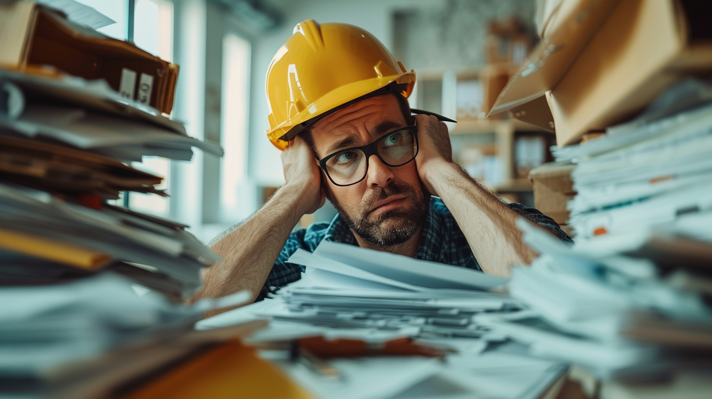 Business owner overwhelmed by financial paperwork